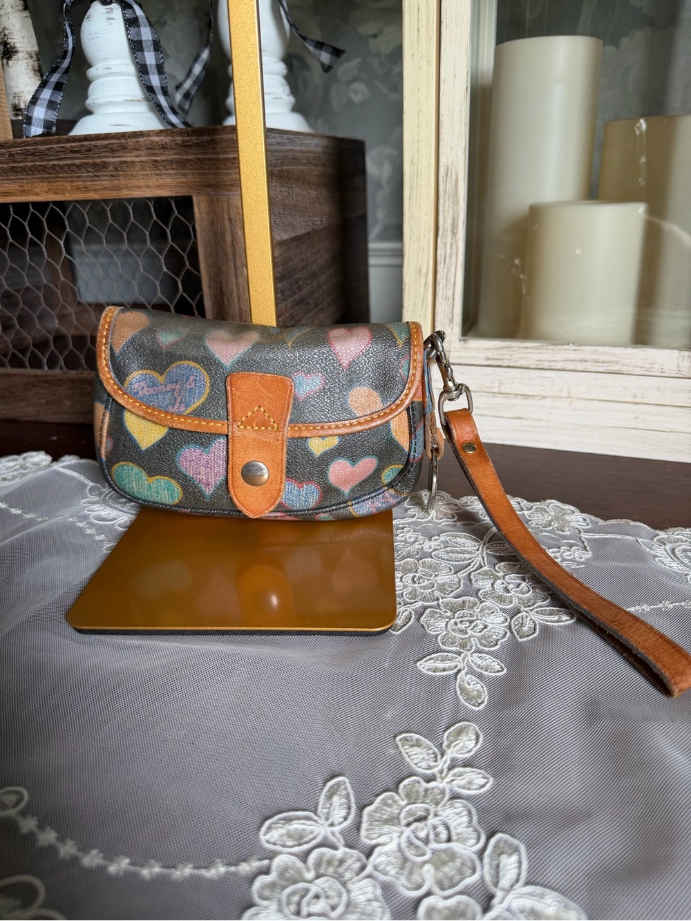 Y2K Dooney & Bourke Heart Print Wristlet Bag Brown Leather Trim
